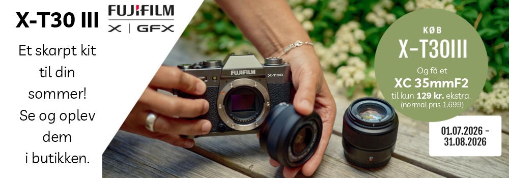 X-t30 III Køb kit eller hus og få XC 35mm F2 til 129 ekstra. orginal pris 1.699 kr. løber fra 01.07.2026-31.08.2026